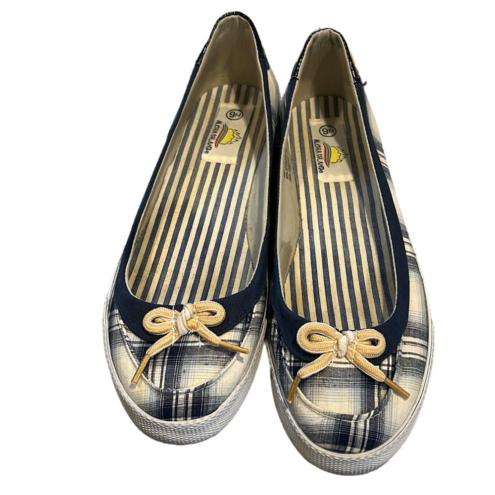 ALOHA ISLAND ANDY PLAID SNEAKER FLATS NAVY BLUE WHITE SIZE 9